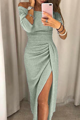 Schulterfreies Abendkleid mit Schlitz | Elegantes Ballkleid in Silber Grün