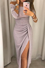 Schulterfreies Abendkleid mit Schlitz | Elegantes Ballkleid in Rosa