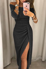 Schulterfreies Abendkleid mit Schlitz | Elegantes Ballkleid in Schwarz