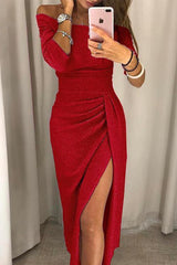 Schulterfreies Abendkleid mit Schlitz | Elegantes Ballkleid in Rot