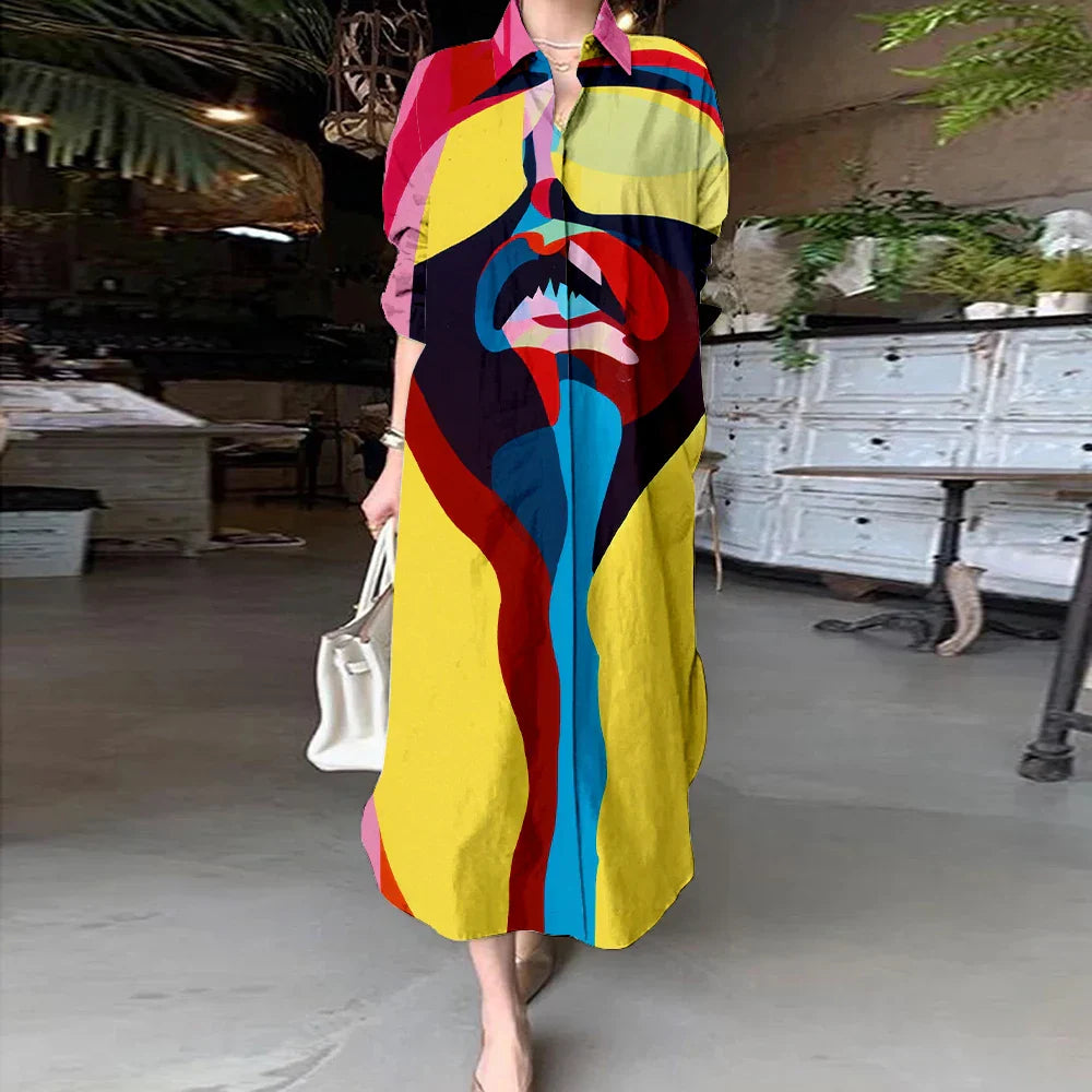 Avelena | Damen Bedrucktes Langarm A-Linien Cardigan Kleid