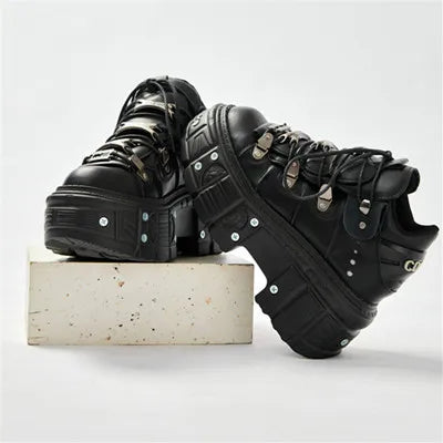 Heidi-Mode | Fashion Frauen Ankle Boots Damen Dünne Absätze Runde Spitze Schnürsenkel Metall Dekoration Sneakers Fräulein Nieten Punk Gothic Rock Schuhe