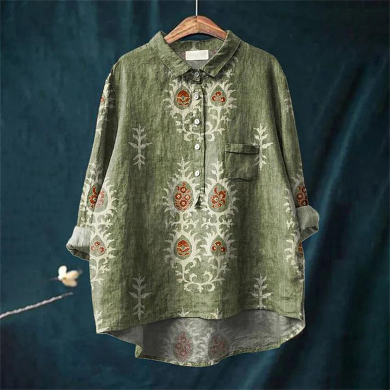 Avelena | Damen Retro Fisch Kunst V-Ausschnitt Langarmshirt