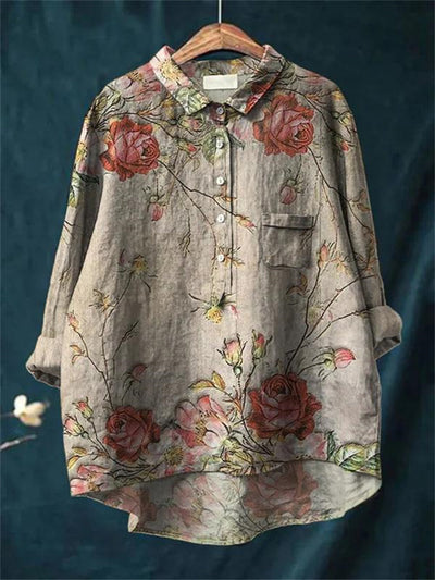 Avelena | Damen Retro Fisch Kunst V-Ausschnitt Langarmshirt