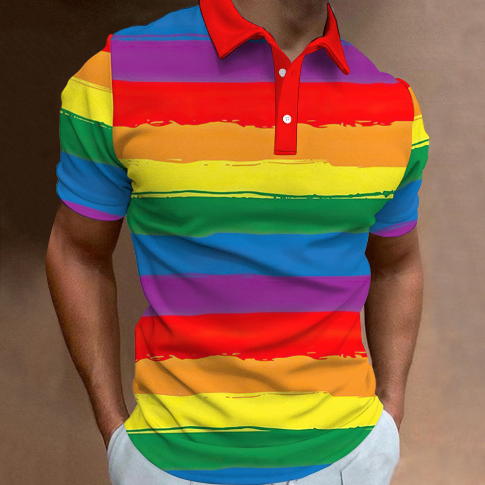 Avelena | Herren 3D-Gedrucktes Regenbogen-Polo-Shirt