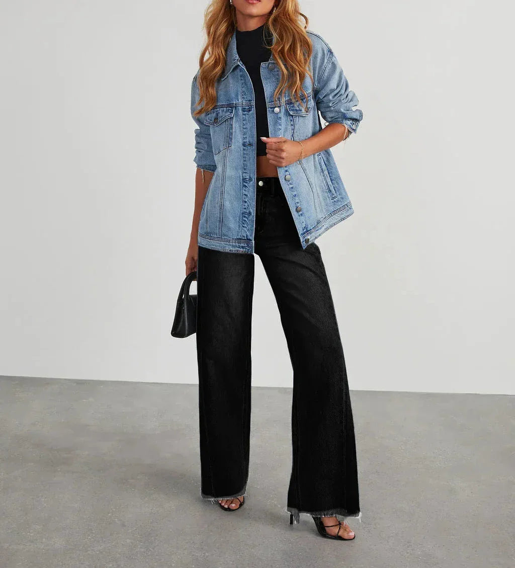 Damen-Weitbein-Jeans in Grau mit Raw-Hem