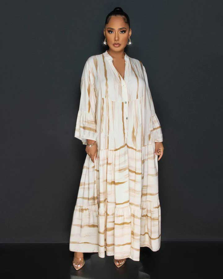 Avelena | Gedrucktes V-Ausschnitt Langarmkleid