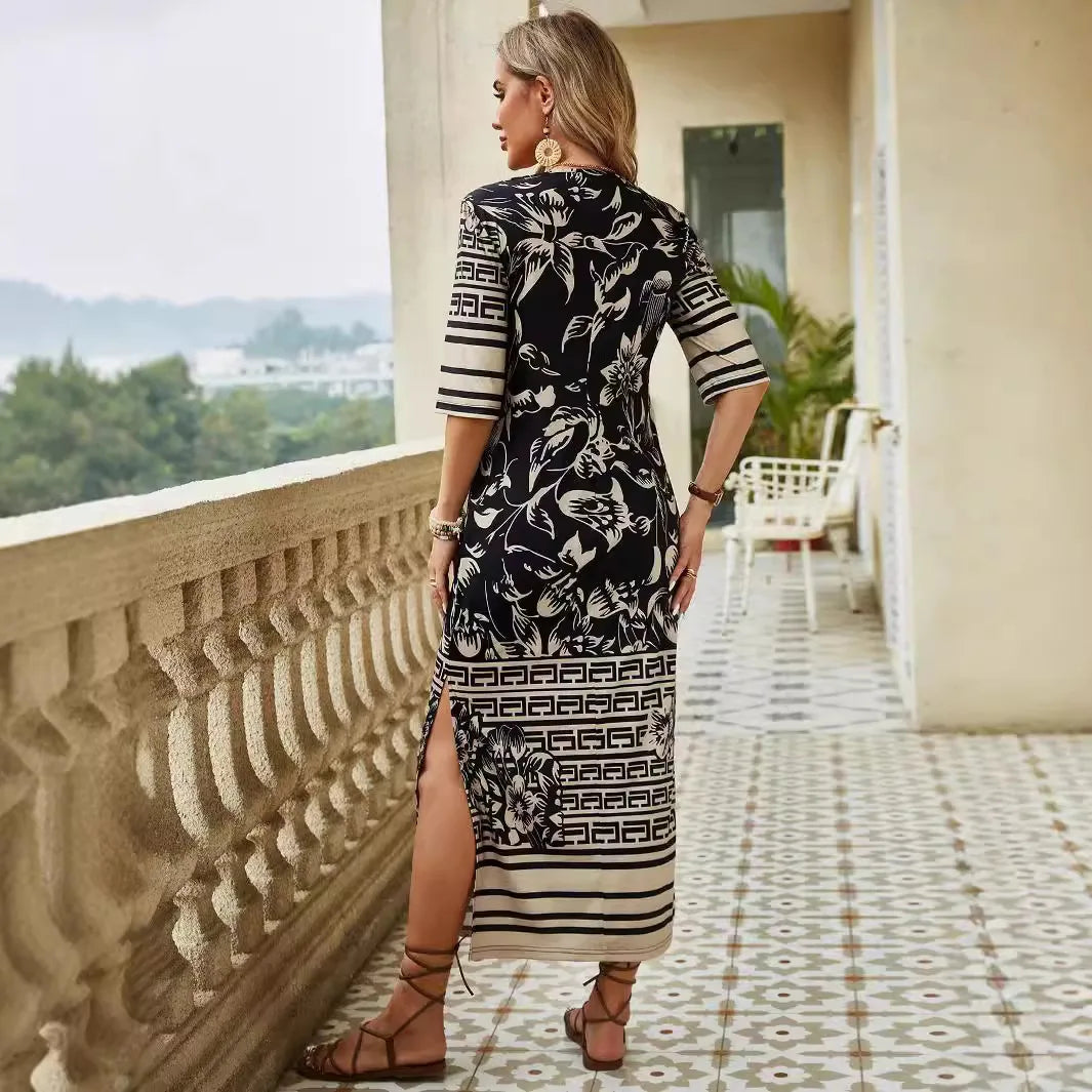 Avelena | Damen Rundhals Mittelärmel Bedrucktes Langarmkleid