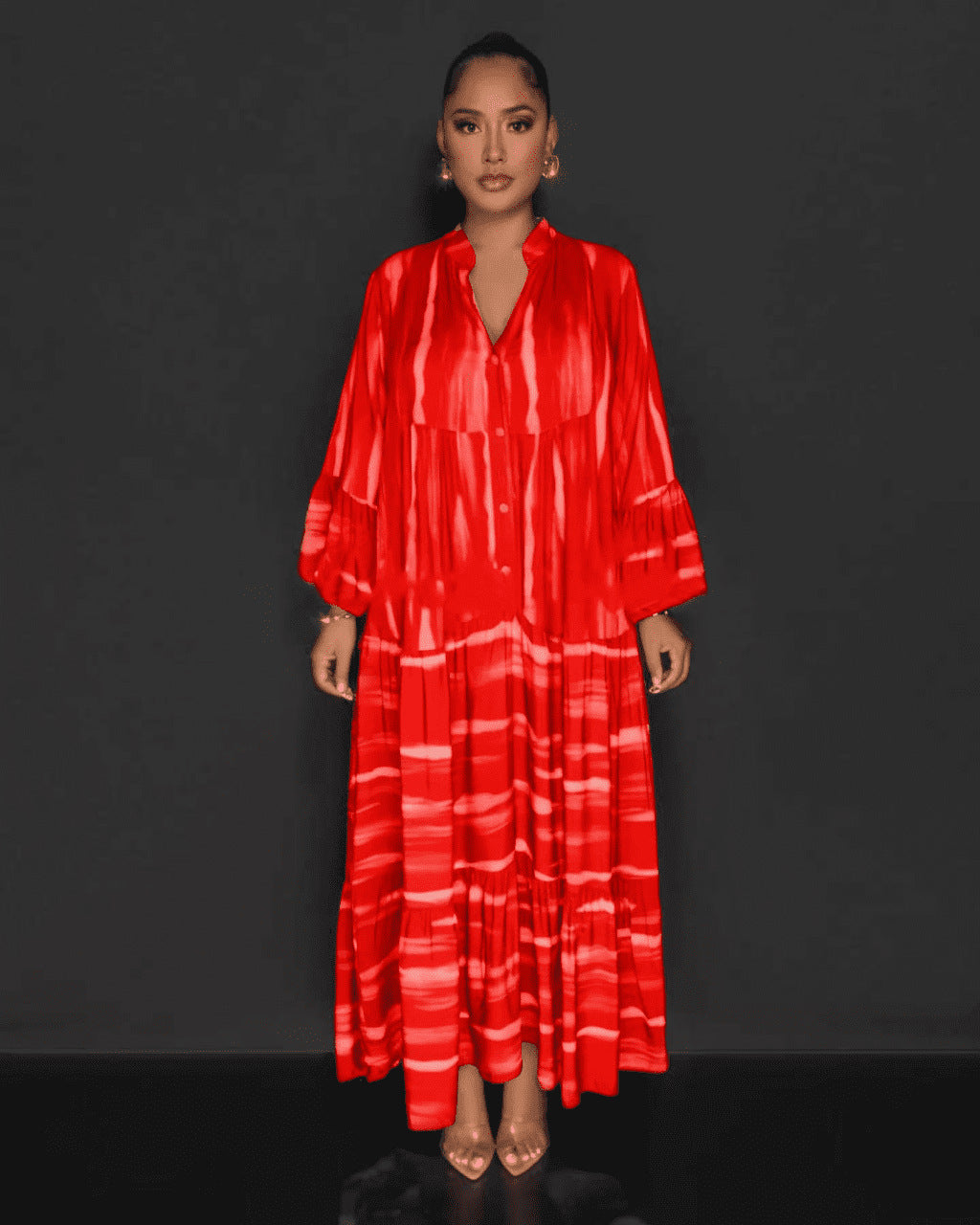 Avelena | Gedrucktes V-Ausschnitt Langarmkleid