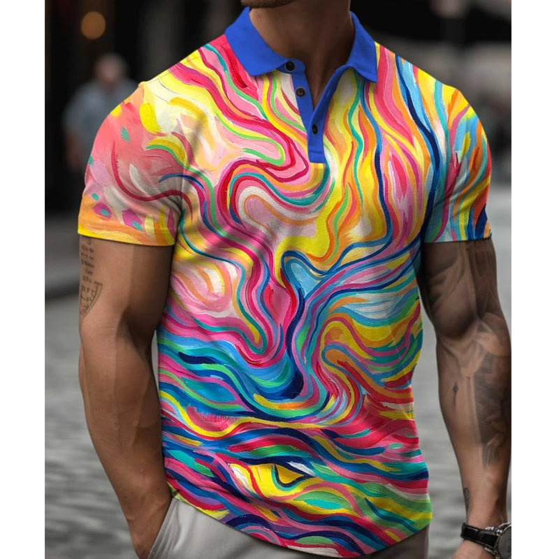 Avelena | Herren 3D-Gedrucktes Regenbogen-Polo-Shirt