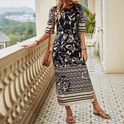 Avelena | Damen Rundhals Mittelärmel Bedrucktes Langarmkleid