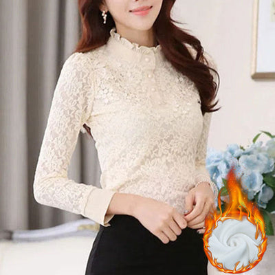 Avelena | Jacquard Polo-Rollkragen Offene Maschen Bluse