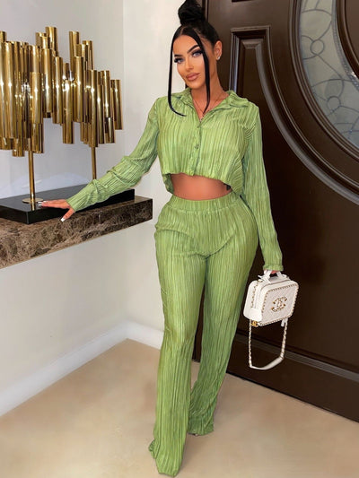 Plissee-Zweiteiler-Set | Cropped Bluse & Weite Hose | Moderner Chic