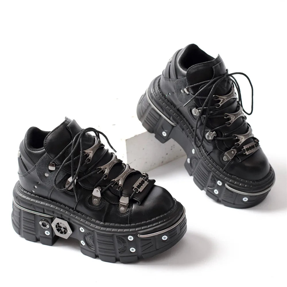 Heidi-Mode | Fashion Frauen Ankle Boots Damen Dünne Absätze Runde Spitze Schnürsenkel Metall Dekoration Sneakers Fräulein Nieten Punk Gothic Rock Schuhe