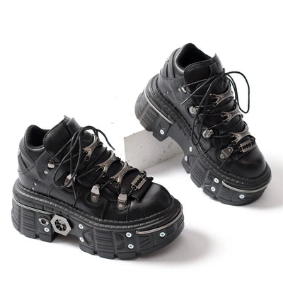 Heidi-Mode | Fashion Frauen Ankle Boots Damen Dünne Absätze Runde Spitze Schnürsenkel Metall Dekoration Sneakers Fräulein Nieten Punk Gothic Rock Schuhe