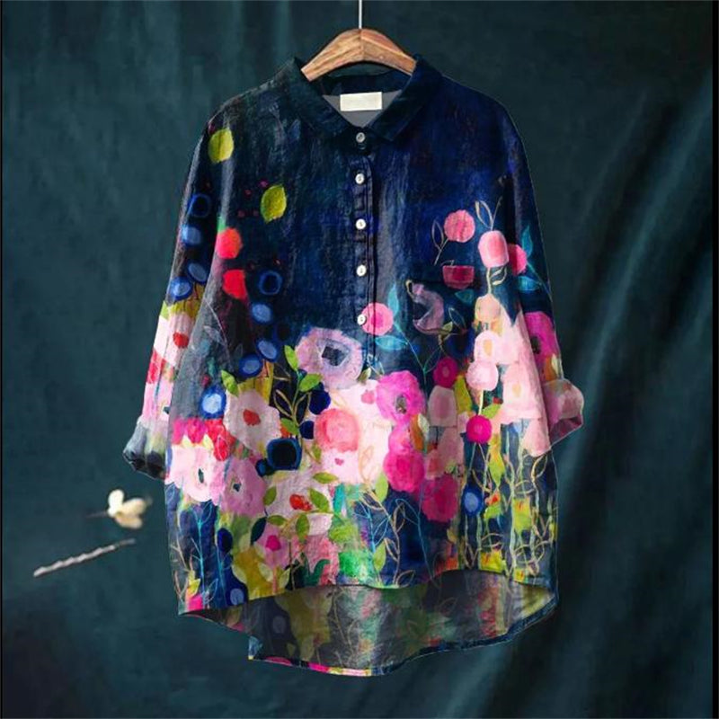 Avelena | Damen Retro Fisch Kunst V-Ausschnitt Langarmshirt