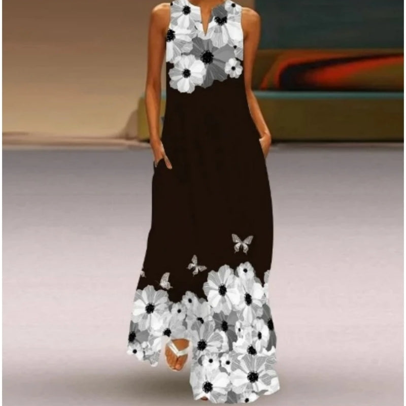 Avelena | V-Ausschnitt Smaragdblumen Ärmelloses Kleid