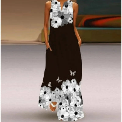 Avelena | V-Ausschnitt Smaragdblumen Ärmelloses Kleid