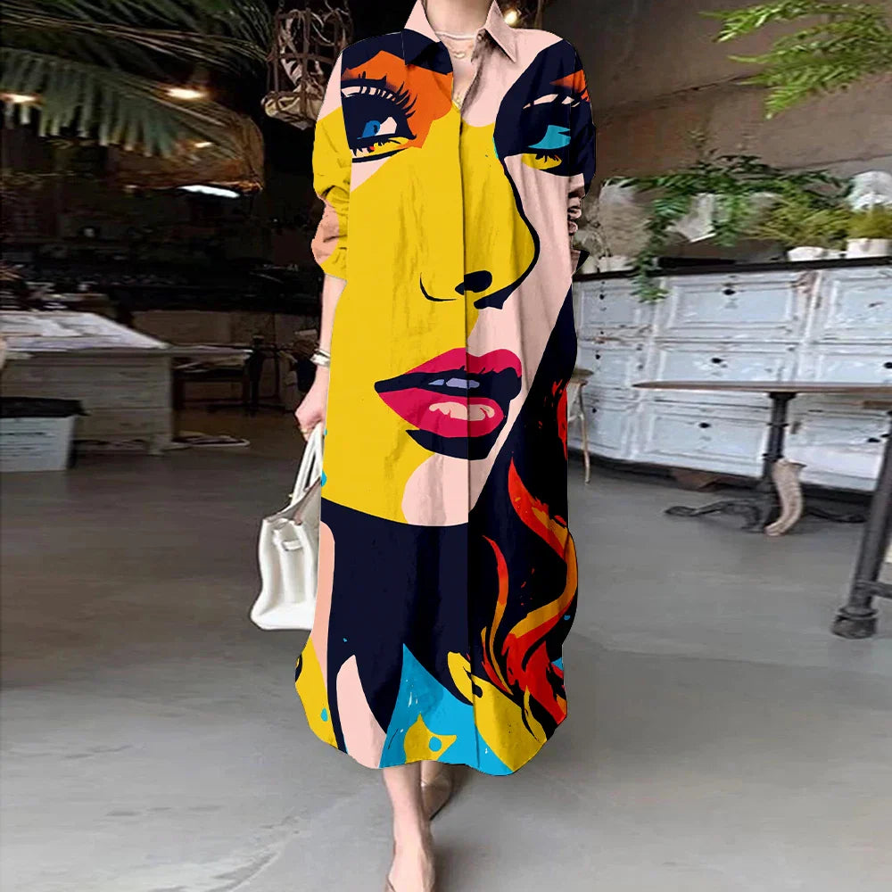 Avelena | Damen Bedrucktes Langarm A-Linien Cardigan Kleid