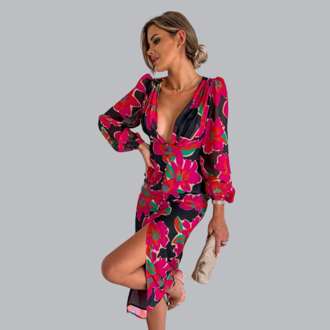 Frederike™ | Tief ausgeschnittenes Midikleid mit Schlitz in auffälligem Design