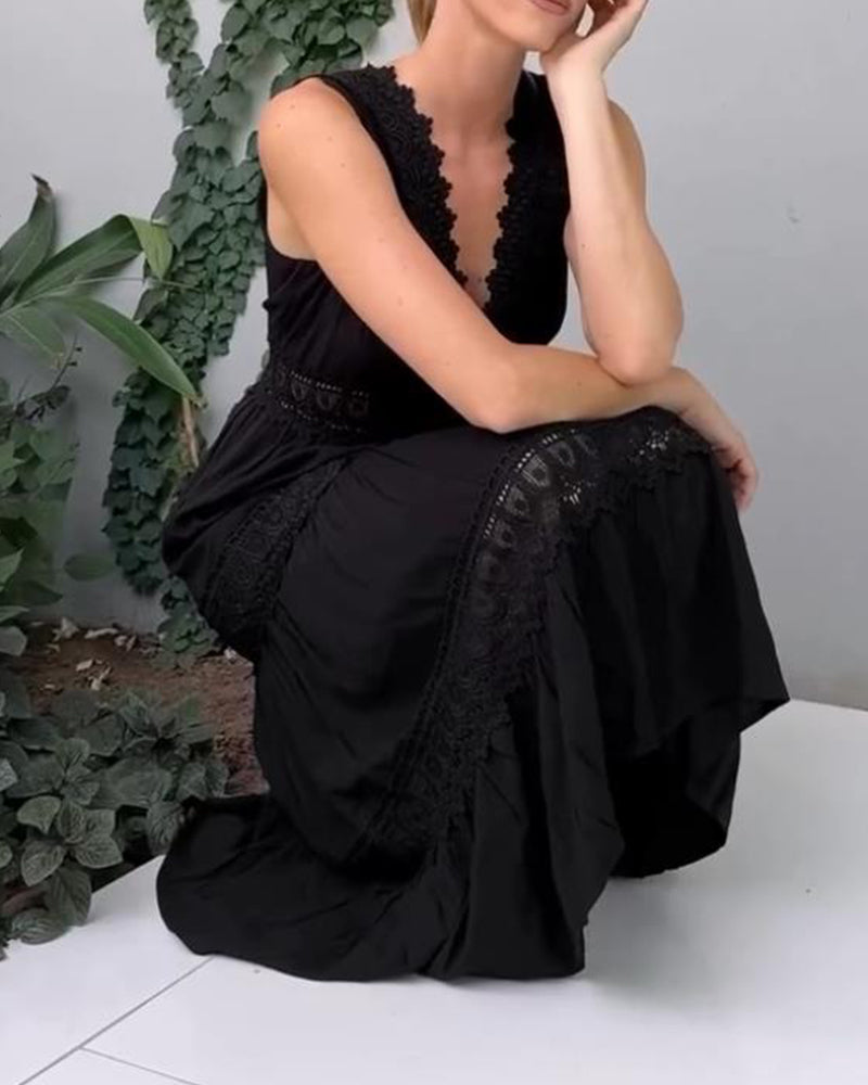 ALYSSA | Ärmelloses Midi-Kleid mit V-Ausschnitt und zarten Spitzen-Details