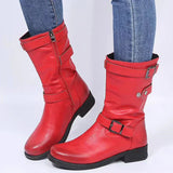 Stiefel Damen im Bikerstil mit Schnallen in Rot