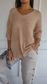 Strickpullover Damen V-Ausschnitt Atmungsaktiv Vielseitig in Aprikose