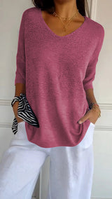 Strickpullover Damen V-Ausschnitt Atmungsaktiv Vielseitig in Rosa Rot