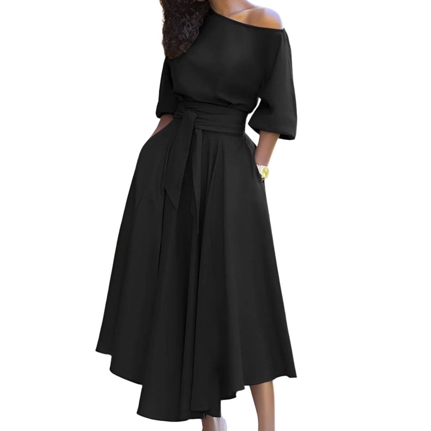 EleganBlack™ - Schwarzes schulterfreies Midikleid mit Gürtel, für formelle Abendgarderobe