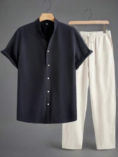Minimalistisches Herren-Set | Kurzarmhemd mit Stehkragen & Hose