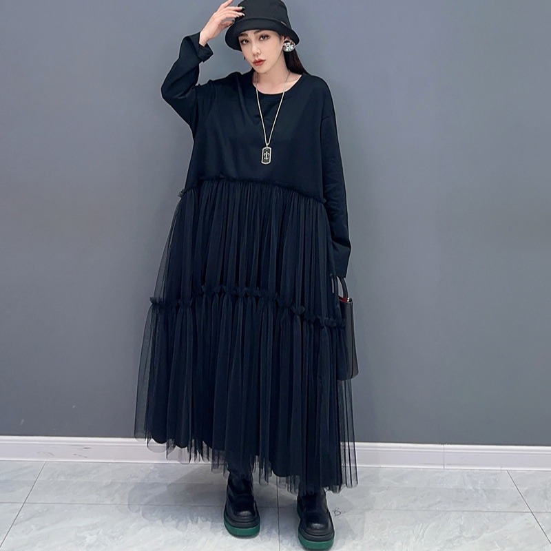 Avelena | Lockere Falten Patchwork Mesh Kleid