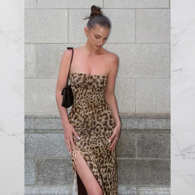 Avelena | Strapless Leopardenmuster Midi Kleid