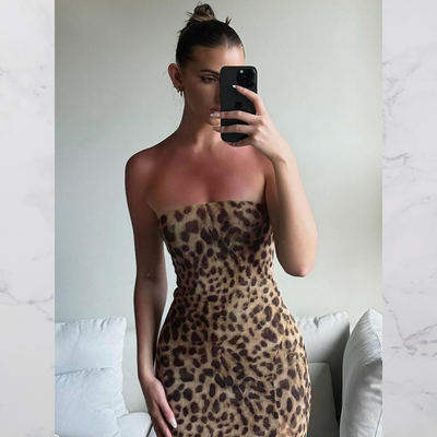 Avelena | Strapless Leopardenmuster Midi Kleid