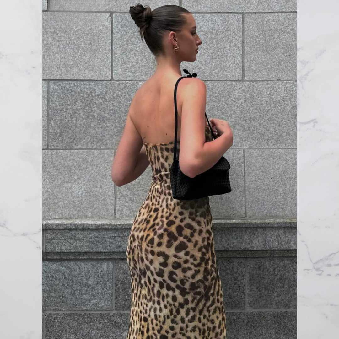 Avelena | Strapless Leopardenmuster Midi Kleid