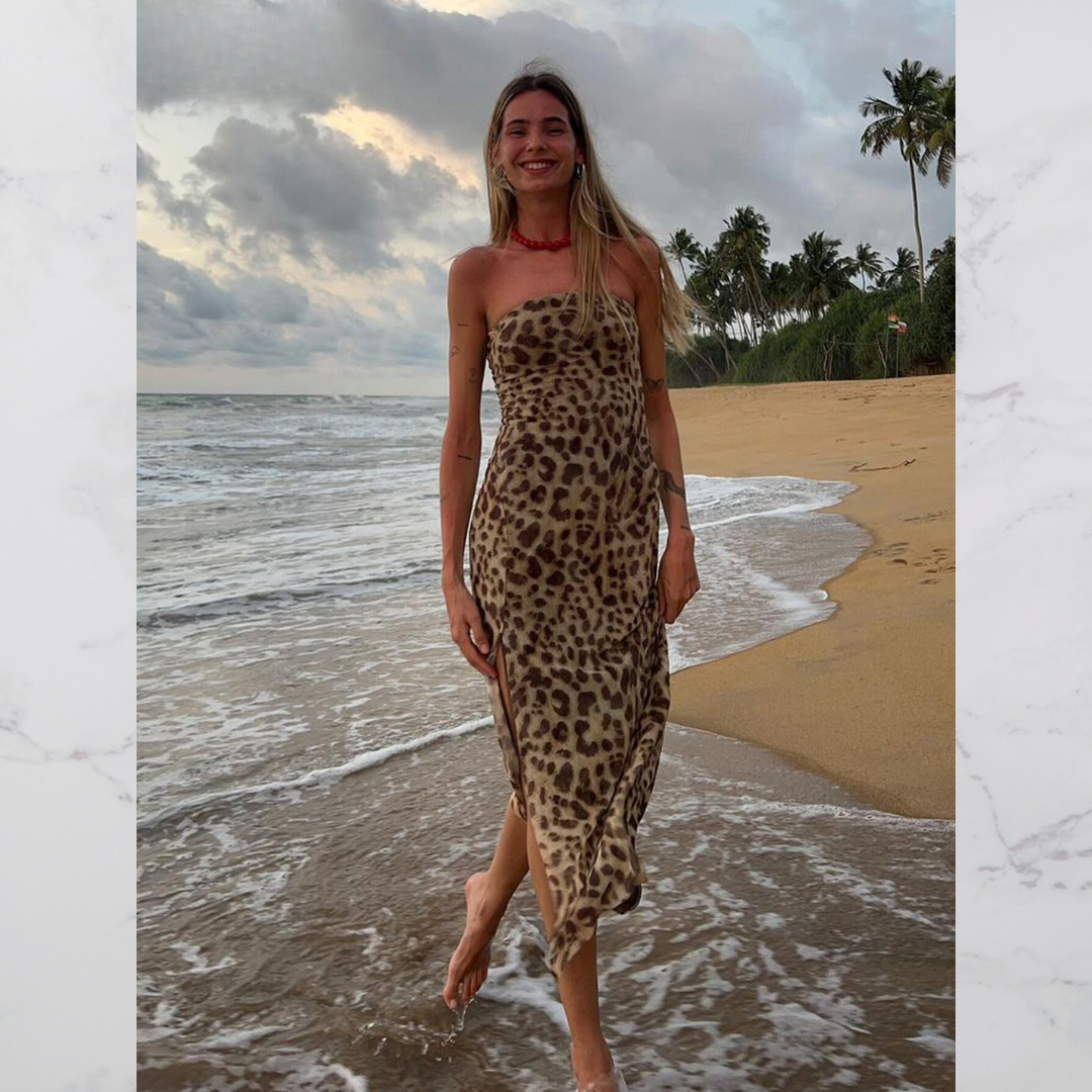 Avelena | Strapless Leopardenmuster Midi Kleid