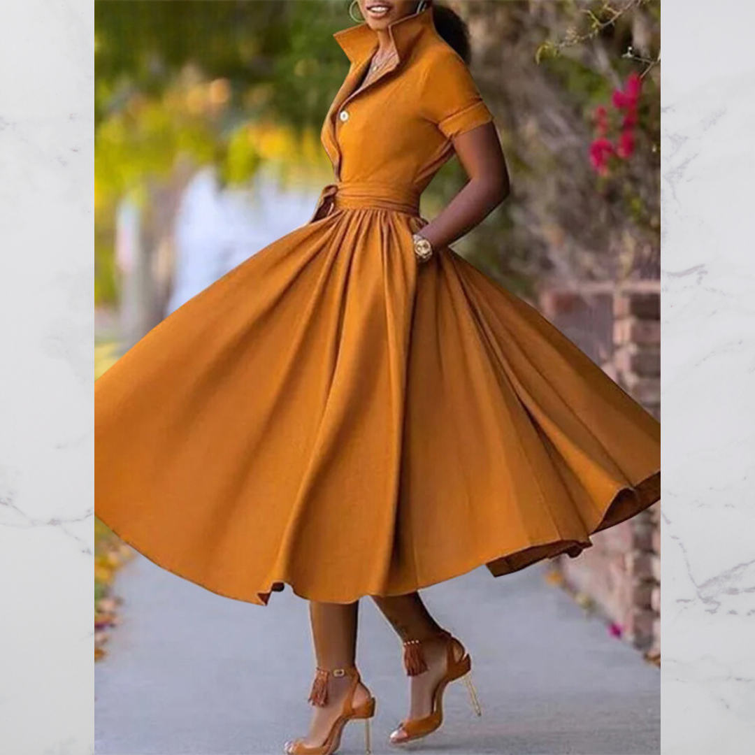 Avelena | Gürteltes Umlegekragen Büro Kleid