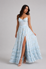 Cäcilie | Maxikleid mit Spaghettiträgern und Volantsaum in Blau
