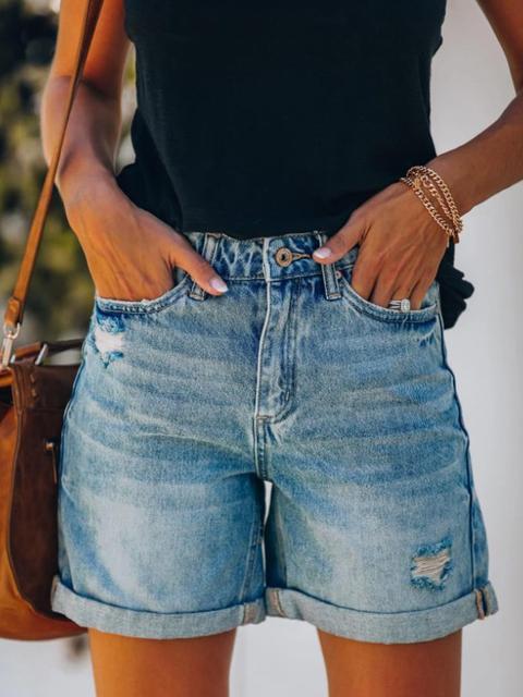 Heidi-Mode | Gewaschene Crim Hole Denim Shorts
