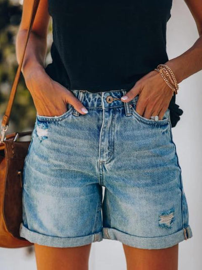 Heidi-Mode | Gewaschene Crim Hole Denim Shorts