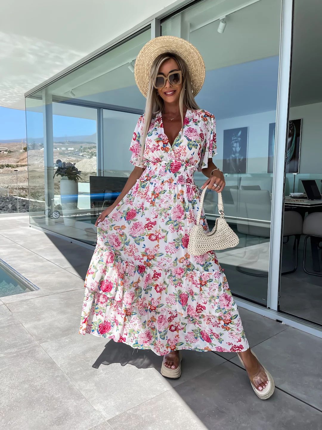 Avelena | Bohemian Blumen V-Ausschnitt A-Linie Midi Kleid