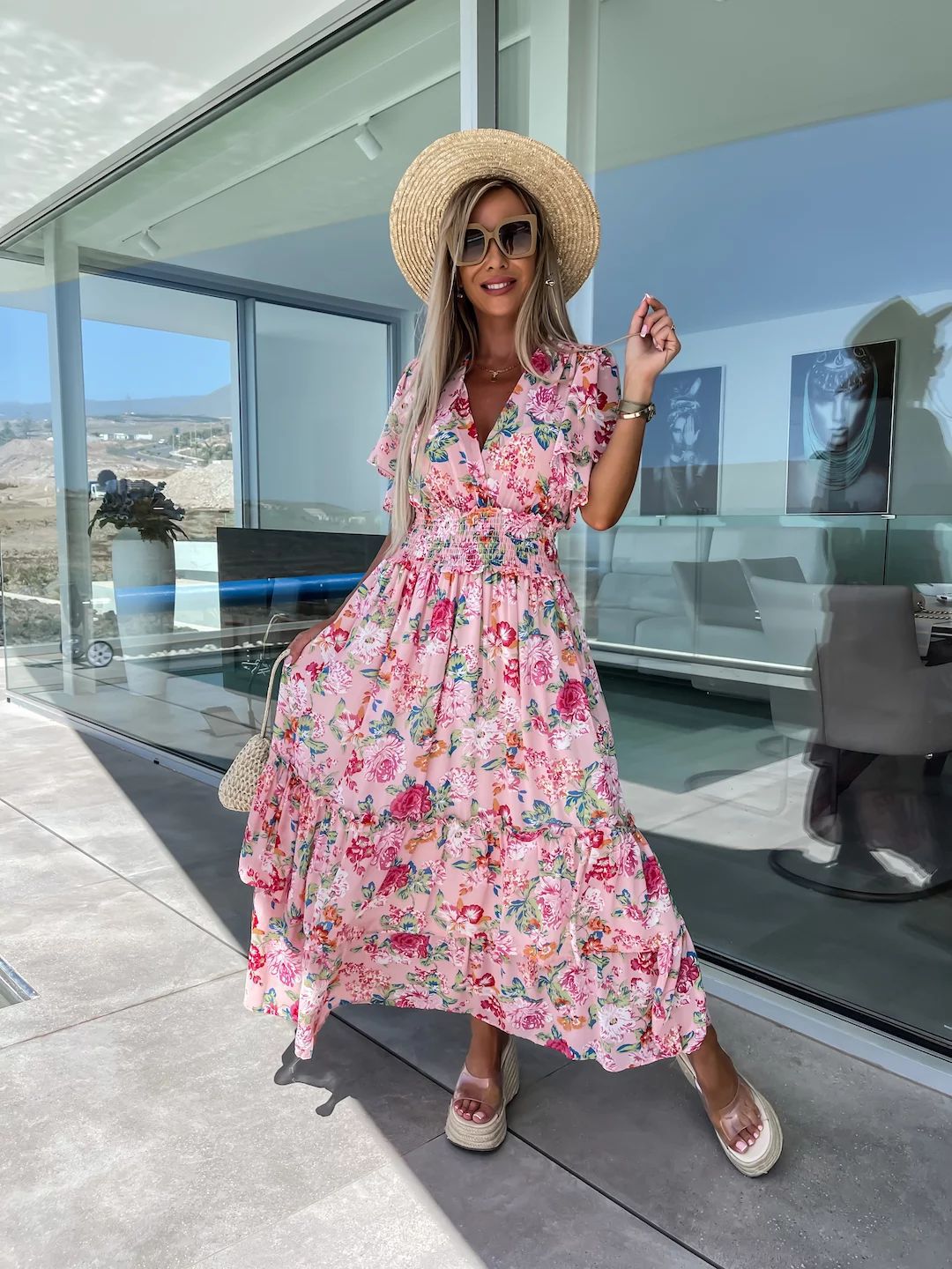 Avelena | Bohemian Blumen V-Ausschnitt A-Linie Midi Kleid