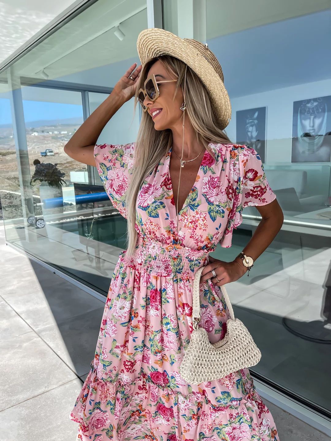 Avelena | Bohemian Blumen V-Ausschnitt A-Linie Midi Kleid