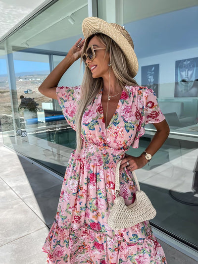 Avelena | Bohemian Blumen V-Ausschnitt A-Linie Midi Kleid