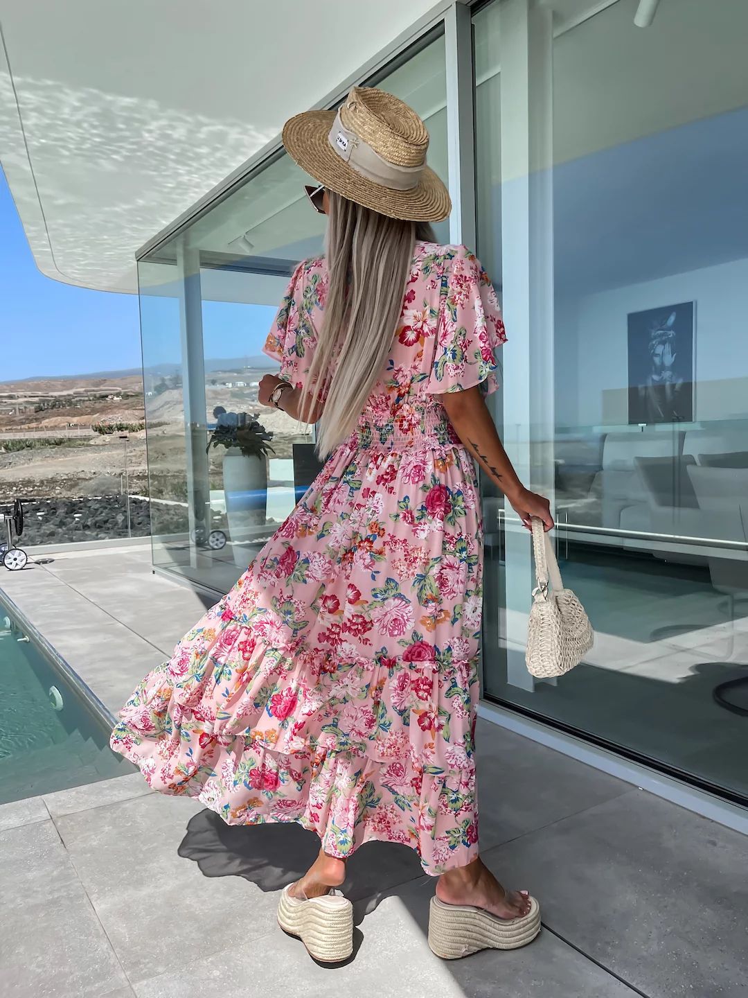 Avelena | Bohemian Blumen V-Ausschnitt A-Linie Midi Kleid