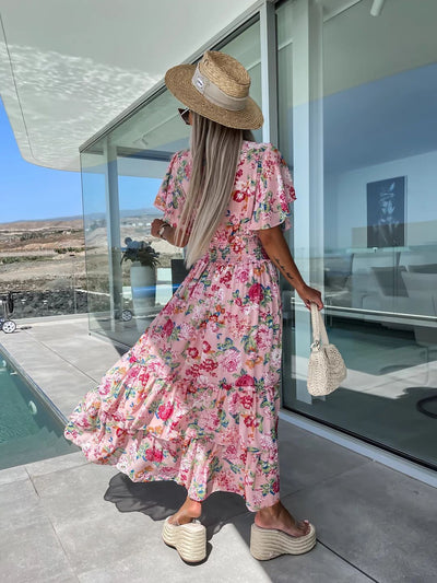 Avelena | Bohemian Blumen V-Ausschnitt A-Linie Midi Kleid