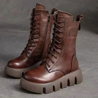 50% Rabatt | Mariana™ | Damen Lederstiefel mit klobigem Absatz, Reißverschluss und Schnürsenkeln