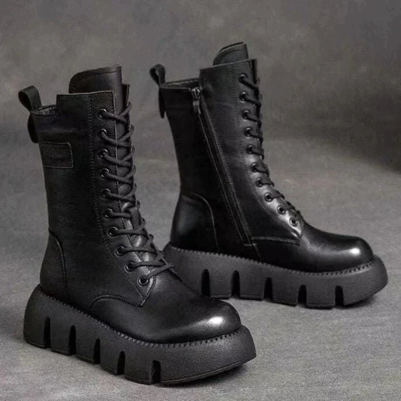 50% Rabatt | Mariana™ | Damen Lederstiefel mit klobigem Absatz, Reißverschluss und Schnürsenkeln