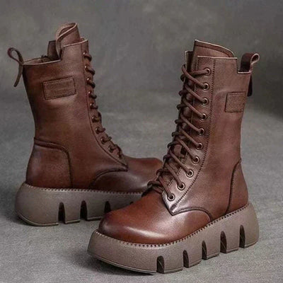 50% Rabatt | Mariana™ | Damen Lederstiefel mit klobigem Absatz, Reißverschluss und Schnürsenkeln