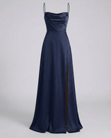 Elegantes Damen Seiden Maxikleid Fließender Schnitt – Schickes Sommer Abendkleid in Dunkelblau