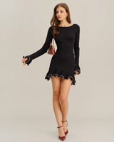 Damen Enganliegendes Langarm Mini Kleid Mit Gerafftem Saum in Schwarz